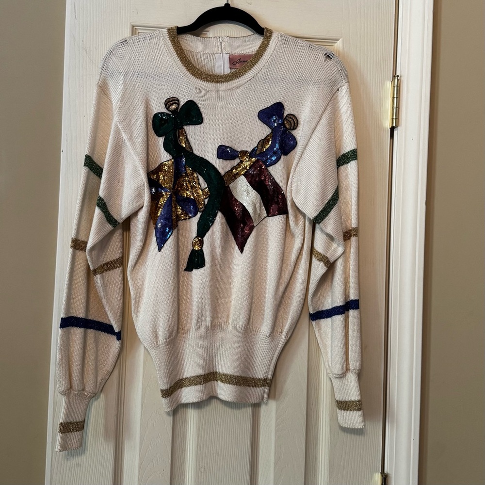 Vintage Jennifer Robert’s Cream Sweater with Sequin & stripes Accents